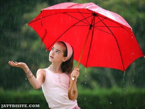 Cute Girl In Rain With Umbrella