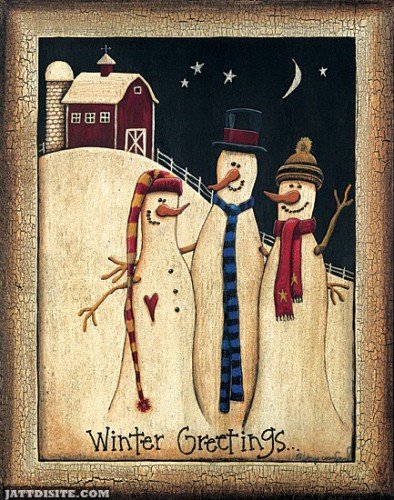Winter Greetings Wishes From Three Tall Snowmens