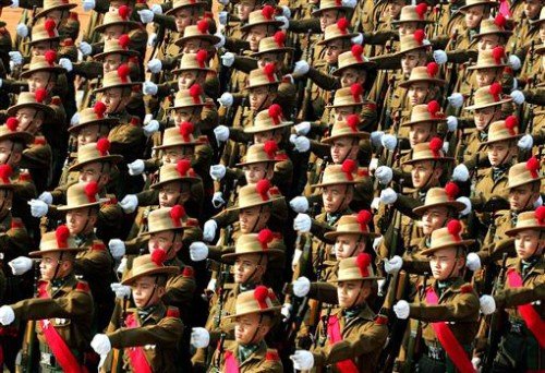 Indian soldiers take part during a full dress rehearsal for Republic Day celebrations in New Delhi.