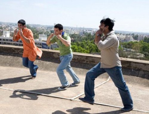 Sharman Joshi, Aamir KHan and Madhavan whistling in a scene of 3 IDIOTS