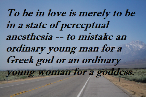 To be in love is merely to be in a state of perceptual anesthesia -- to mistake an ordinary young man for a Greek god or an ordinary young woman for a goddess.