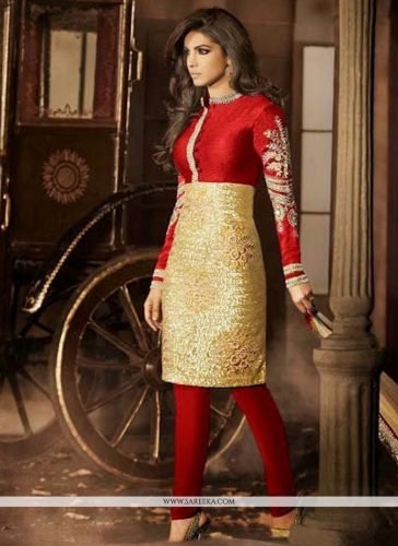 Red And Golden Silk Churidar Suit